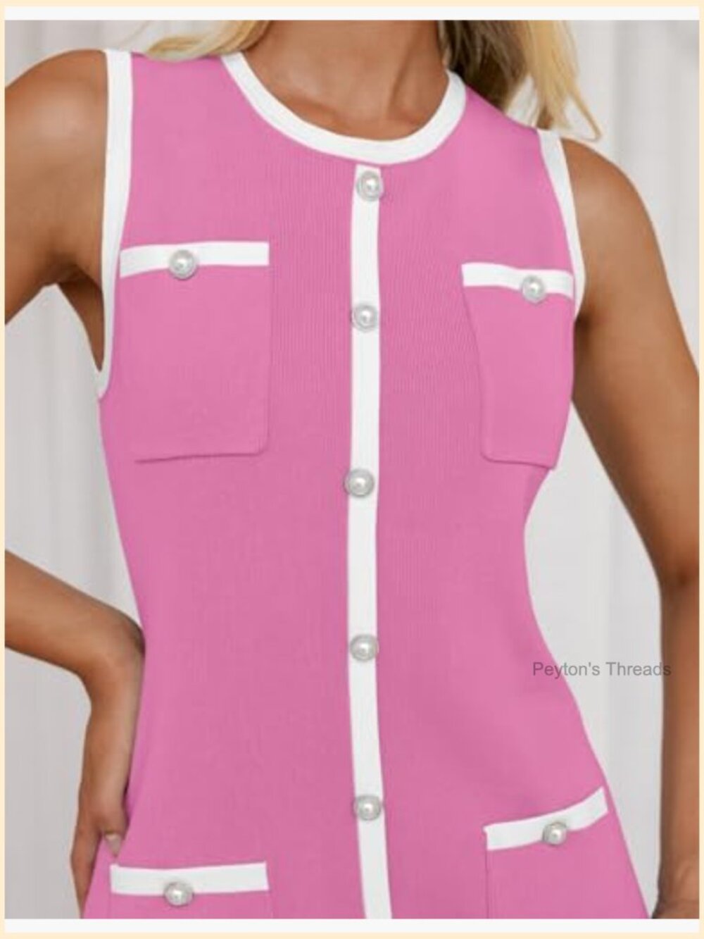 Sleeveless Bodycon Mini Dress Crewneck Button Knit Office Party - Picture 6 of 7